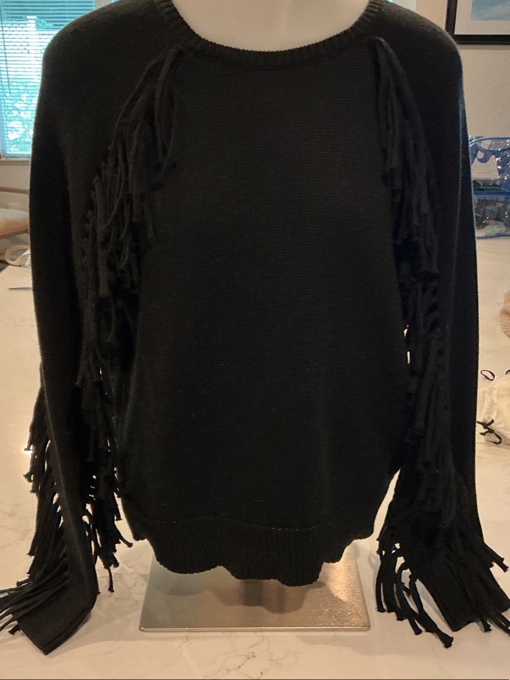 Lauren Ralph Lauren Black Fringe-Trim Crewneck Sweater